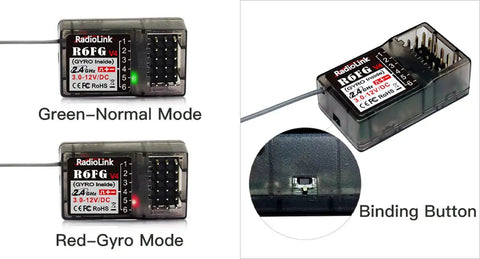 Image of 5 Channel RC Transmitter With Gyro Receiver R6FG 2.4GHz showing green and red mode indicators, black casing.