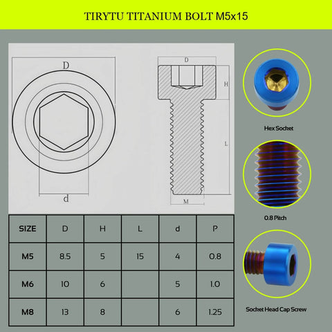 Diagram of Burnt Blue Titanium M5x15mm Hex Socket Screws For Bike Water Bottle Cage, 4 Pack TIRYTU with metric measurements.