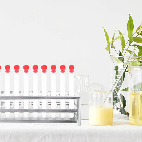Premium Aluminum Test Tube Rack Stand For Lab Safety Small Test Tubes Metal Holder with test tubes and beakers in lab setting.