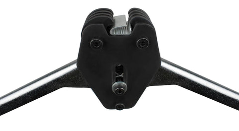 Close-up of Five Eighth Inch Economy Polyester Strap Sealer For Serrated Seals, black handle, front view, silver edge detail.