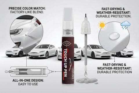 Tesla Stealth Gray Touch Up Paint Pen For Model 3 Y S X Exact Color Match 2 In 1 Brush And Pen Do It Yourself Chip And Scratch Repair Kit shown with usage details