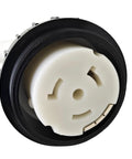 Close-up of 4 prong Ss2-50 locking plug for Rock Solid Heavy Duty Marine Shore Power Extension Cord, 50 Amp 100 Foot.
