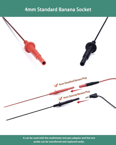 Long Reach Multimeter Probes With Sharp Insulated Tips, 155mm Stainless Steel Pins for 4 Mm Test Leads, close-up view.