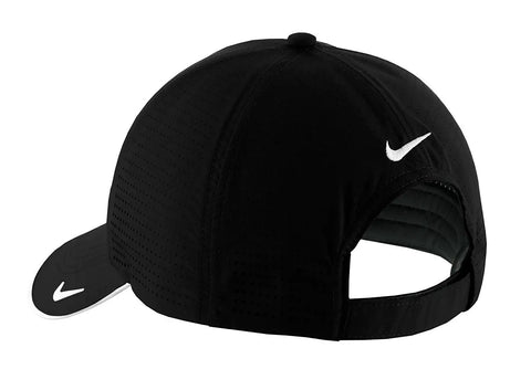 Rear view of Dri-FIT Perforated Golf Cap With Breathable Panels, 6-Panel Low Profile Black Hat, featuring hook and loop closure