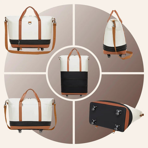 Travel duffle bag with wheels, white body, tan straps, black base, front view
Travel duffle bag with wheels, side view, white fabric, tan straps, brown base, strap visible
Close-up of zipper and wheel area on white travel duffle with tan handles and black banding
Bottom view of rolling duffle showing wheels and reinforced base