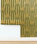 Top Shelf Dandelion Olive And Rich Gold Metallic Wallpaper featuring a fibrous texture, displaying floral patterns on a green background.