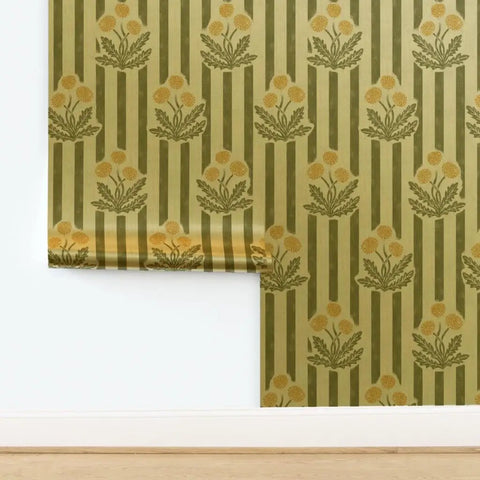 Top Shelf Dandelion Olive And Rich Gold Metallic Wallpaper featuring a fibrous texture, displaying floral patterns on a green background.
