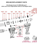 Diagram showing BRG-600 replacement parts for Hardcore Mandrel And Stem Collection Receptacle For 20V Cordless Blind Rivet Gun Setup.