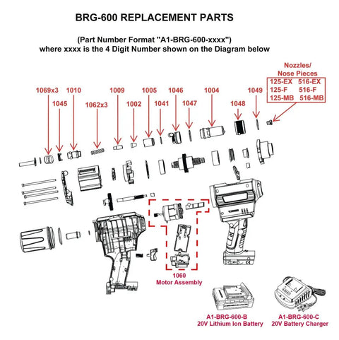 Diagram showing BRG-600 replacement parts for Hardcore Mandrel And Stem Collection Receptacle For 20V Cordless Blind Rivet Gun Setup.