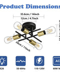 Dimensions of Sleek Black And Gold Sputnik Ceiling Light Fixture Four Light Semi Flush Mount shown with bulb specifications