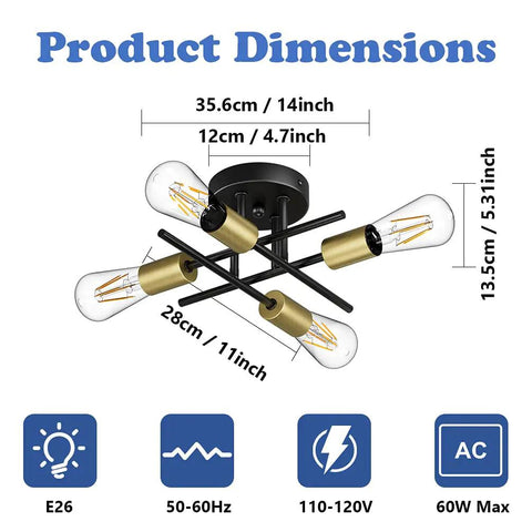 Dimensions of Sleek Black And Gold Sputnik Ceiling Light Fixture Four Light Semi Flush Mount shown with bulb specifications