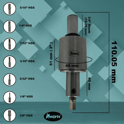 Precision Rotary Broach Set With 3/4 Inch Shank And 7-Piece HSS Hex Punch Kit for CNC lathe with dimensions displayed.