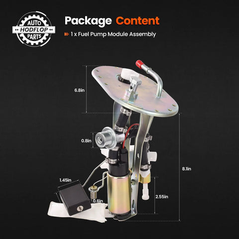 Toyota Rav4 2.0L Fuel Pump Module Assembly Replacement For 1995 To 2000 Direct Fit Plug And Play With 77203 42010 23280 74160 83320 49055 Fuel Sending Unit Level Sensor shown with dimensions on black background