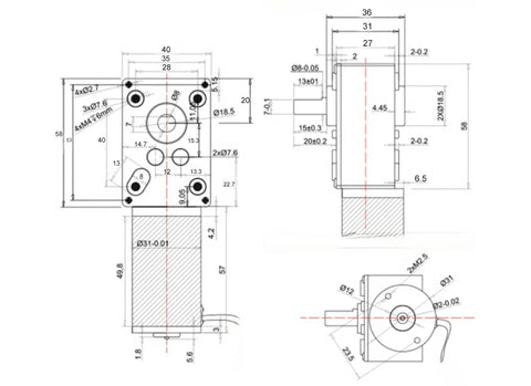 CHANCS 12V DC motor with worm gearbox, 9 RPM, front and side view technical drawing with dimensions (Amazon brand)