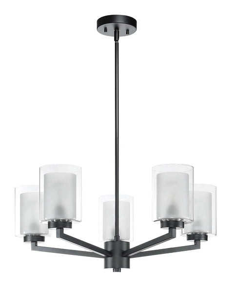 Black 5 Light Farmhouse Chandelier Pendant Light With Dual Glass Shades Adjustable Hanging Dining Room Fixture For Vaulted Ceilings