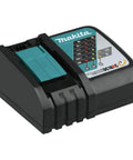 Makita XRT01TK 18V LXT Brushless Cordless Rebar Tying Tool Kit With 5.0Ah Battery charger on black base, tool charging indicator.