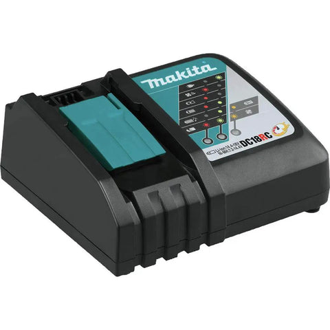 Makita XRT01TK 18V LXT Brushless Cordless Rebar Tying Tool Kit With 5.0Ah Battery charger on black base, tool charging indicator.