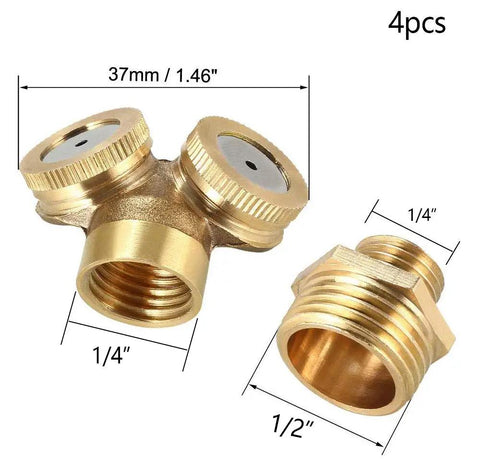 Brass Misting Nozzle Two Hole Garden Sprinkler for Irrigation Systems One Quarter Inch, showing dimensions and thread sizes
