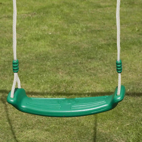 Green swing seat hanging from white rope on grass. Heavy Duty Nylon Rope Seven Eighths Inch By One Hundred Feet White Rope For Anchoring, Tree Work, Cargo Hauling, DIY Projects And Outdoor Use, UV Moisture And Abrasion Resistant Cord Built Tough.