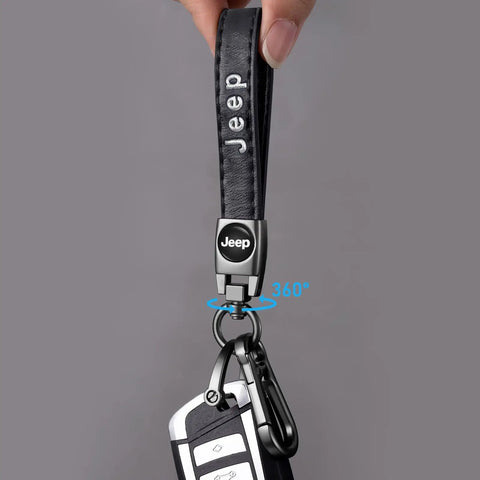 Premium Genuine Leather Keychain On Point Style Real Deal Fit For Jeep Wrangler Compass Cherokee Renegade Patriot Grand Commander Zinc Alloy Keyring Lanyard Everyday Carry Gift Black Sharp showing 360 degree swivel clip.