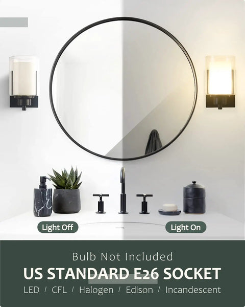 2 Pack Farmhouse Vanity Light Fixtures With One Light Each, Indoor Black Wall Sconce With Dual Glass Shades beside round mirror