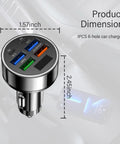 Six Port Usb C Car Charger With Led Voltage Display PD QC3 Fast Charging showing dimensions in a car setup, compact design, 1.57 inch by 2.45 inch.