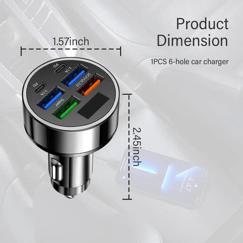 Six Port Usb C Car Charger With Led Voltage Display PD QC3 Fast Charging showing dimensions in a car setup, compact design, 1.57 inch by 2.45 inch.