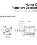 Nema17 Hps42 Planetary Gearbox Speed Reducer For Stepper Motors square housing dimensions and reduction ratios diagram.
