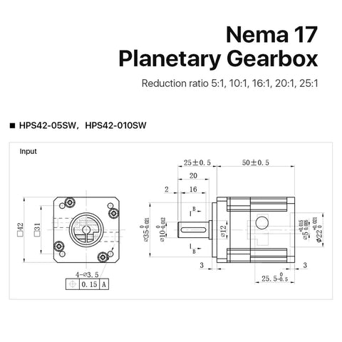 Nema17 Hps42 Planetary Gearbox Speed Reducer For Stepper Motors square housing dimensions and reduction ratios diagram.