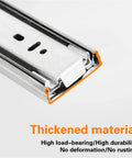 Close-up of stainless steel drawer runners with soft close slides for smooth quiet drawer gliding in kitchen office workshop cabinets