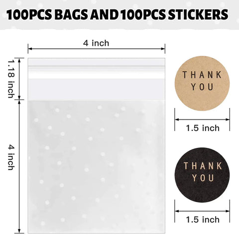 100-pack 4x4 Cookie Bags With Thank You Stickers, Self Sealing Clear Cellophane Bags For Cookies And Treats, Party Favors
