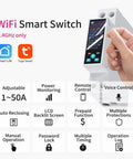 Smart WiFi Switch 1P+N AC90-240V 1-50A With Power Monitoring, Remote Control With Smart Life Tuya App, LCD Display, DIN Rail Mounted, Recloser Function, Power Data Export, FCC Certified showing adjustable 1-50A and hand on display