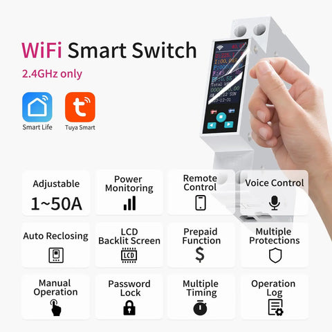 Smart WiFi Switch 1P+N AC90-240V 1-50A With Power Monitoring, Remote Control With Smart Life Tuya App, LCD Display, DIN Rail Mounted, Recloser Function, Power Data Export, FCC Certified showing adjustable 1-50A and hand on display