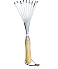 Eco Hand Rake And Soil Tiller For Gardening with recycled stainless steel prongs and FSC certified wood handle, front view.