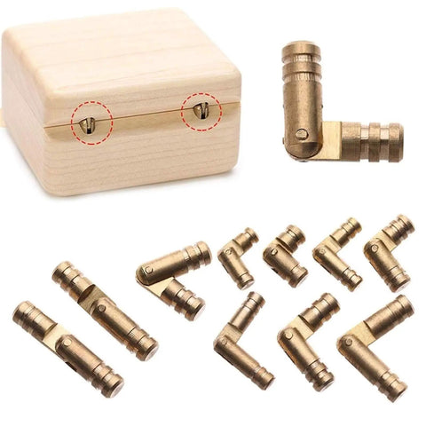 20Pcs Brass Barrel Hinges Set For Small Cabinets And Boxes shown with wooden box application and individual solid brass hinges