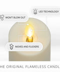 Image highlighting features of Outdoor Slim Pillar Flameless Led Candles Set Of 3 Ivory with moving flame and LED technology.