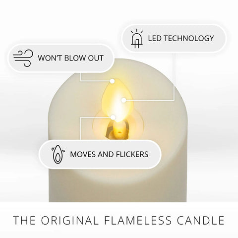 Image highlighting features of Outdoor Slim Pillar Flameless Led Candles Set Of 3 Ivory with moving flame and LED technology.