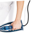 Hand holding iron with high temperature steam iron hose replacement tube for efficient steam ironing, easy install, leak proof.