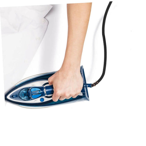 Hand holding iron with high temperature steam iron hose replacement tube for efficient steam ironing, easy install, leak proof.