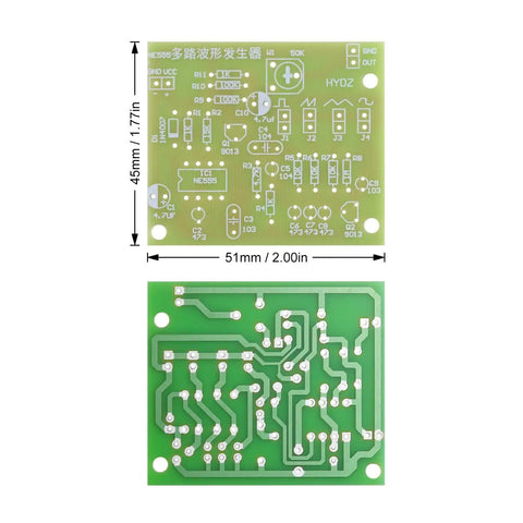Top and bottom view of circuit board for Beginner Friendly Soldering Practice Kit With Multiplex Waveform Generator Plug In Circuit Board Learn Soldering Skills Includes 29 Components And 17 Plug In Parts For Hands On Electronics Projects showing dimensions.