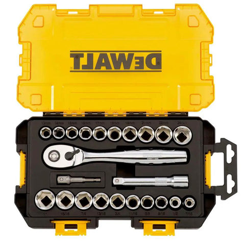 Beefy Pro Grade Half Inch Drive Socket Set, 23 Piece SAE And Metric Kit with organized tools in lockable stacking case.