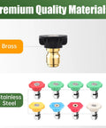 9-pack pressure washer nozzle tips with brass body and 1/4-inch quick-connect, assorted colors, 4000 PSI, 2.5 GPM.