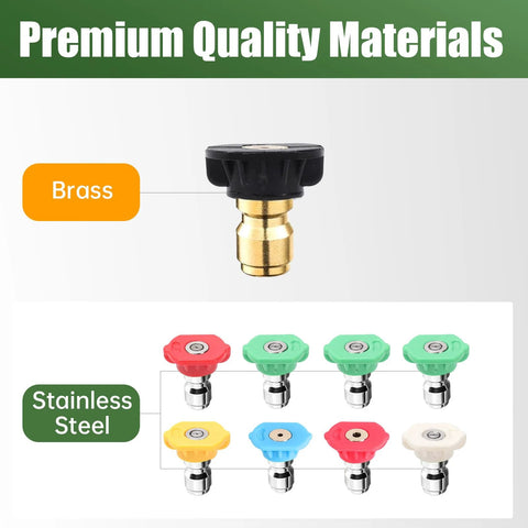9-pack pressure washer nozzle tips with brass body and 1/4-inch quick-connect, assorted colors, 4000 PSI, 2.5 GPM.