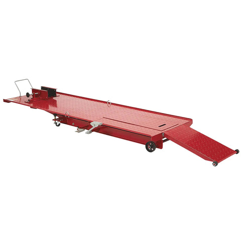 Steel Hydraulic Motorcycle Lift With 1100 Pound Capacity, Foot Operated Pump, Diamond Plate Platform, Removable Ramp With Hinges And Rollers