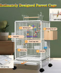 Spacious White Bold Wire Bird Cage On Smooth Rollaway Stand For Lovebirds Cockatiels Featuring Open Top Entry Nifty Partition Trays And Secure Resting Bars For Quick Cleanups And Daily Fun.