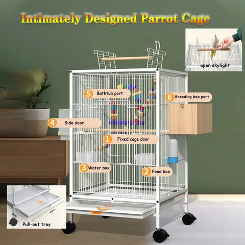 Spacious White Bold Wire Bird Cage On Smooth Rollaway Stand For Lovebirds Cockatiels Featuring Open Top Entry Nifty Partition Trays And Secure Resting Bars For Quick Cleanups And Daily Fun.