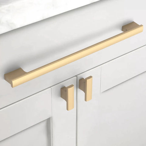 Top Shelf 10 Inch Brushed Gold Cabinet Pulls For Kitchen Drawers And Cupboards with modern design on white cabinetry.
