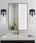 Black Wall Sconce Set Of 2 Modern Bathroom Vanity Lights Featuring Clear Glass Shades And Sturdy Metal Black Finish Perfect Wall Lighting Fixtures For Bedroom Mirror Living Room Farmhouse Decor Easy Installation Up Or Down Mount next to bathroom mirror