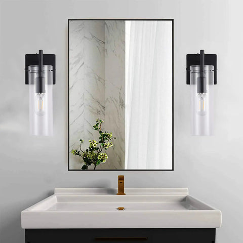 Black Wall Sconce Set Of 2 Modern Bathroom Vanity Lights Featuring Clear Glass Shades And Sturdy Metal Black Finish Perfect Wall Lighting Fixtures For Bedroom Mirror Living Room Farmhouse Decor Easy Installation Up Or Down Mount next to bathroom mirror