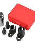 Master Crafted Five Piece O2 Oxygen Sensor Socket Kit With Offset 6 Point Low Profile Head And Sharp Thread Chaser For No Sweat Exhaust Removal In Grease Monkey Friendly Tight Spots Using Any Standard Ratchet, with red case and multiple socket sizes.